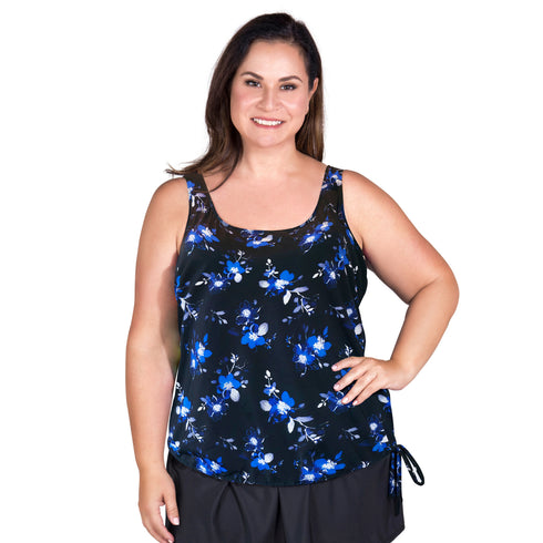 Women’s Plus Size Long Swim Top - Blue Botanicals