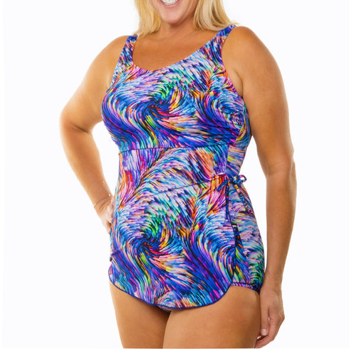 Women’s Plus Size Mastectomy Swimdress with Prosthesis Pockets – Chasing Waves Print