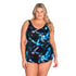 T.H.E. Swimwear Plus Size One-Piece with Draped Skirt – Azure Brushstrokes Print