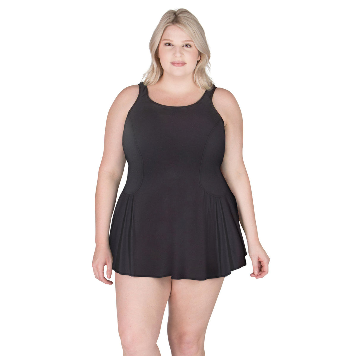 Women’s Plus Size Mastectomy Swimdress with Prosthesis Pockets – Black