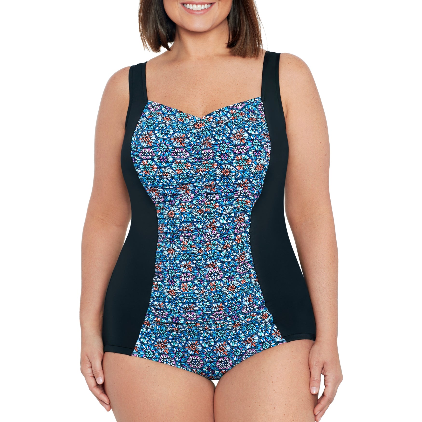 Women's One-Piece Plus Size Swimsuit, Shirred with Modest Girl Leg Cut -  Tile Play